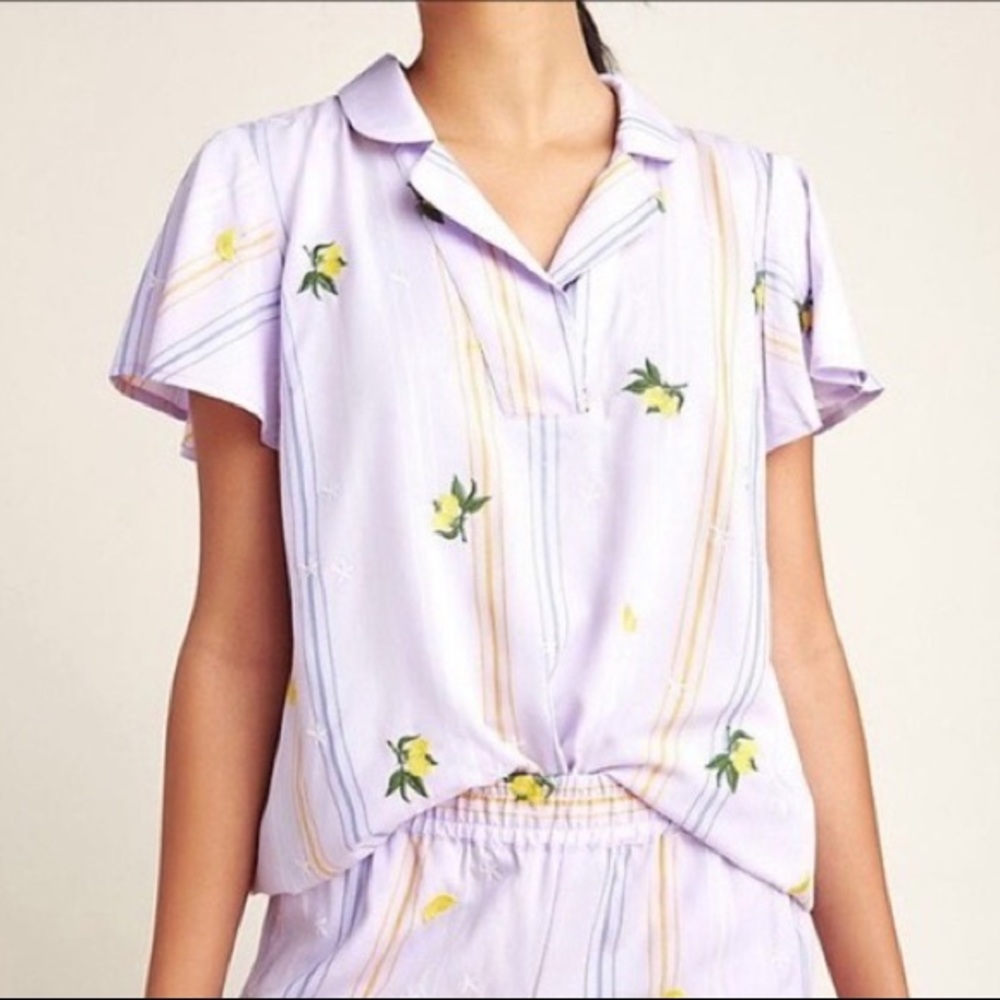 Anthropologie Purple Embroidered Lemon Blouse Top